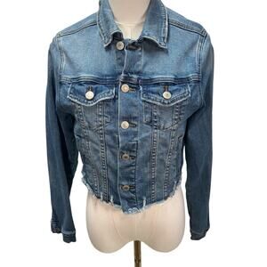 I & M Denim Jean Jacket Womens Small Medium Wash Cropped Raw Hem Distressed‎